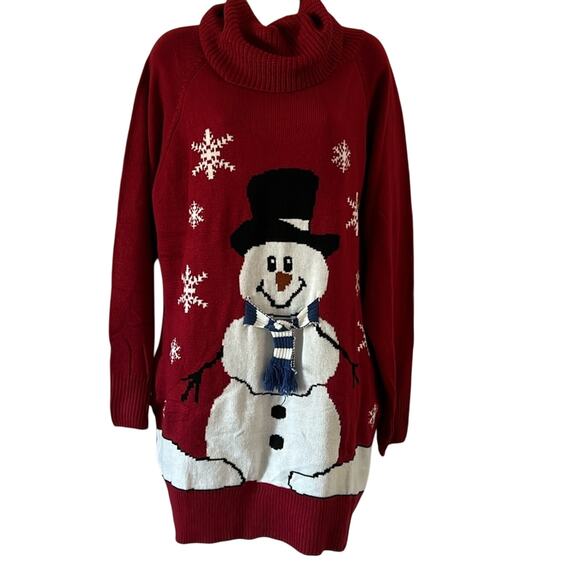 Snowman Holiday Turtleneck Sweater Dress Woman Size Large Oversized Tunic - Picture 1 of 10